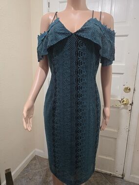 Tahari Teal Lace One-Shoulder Bodycon Dress